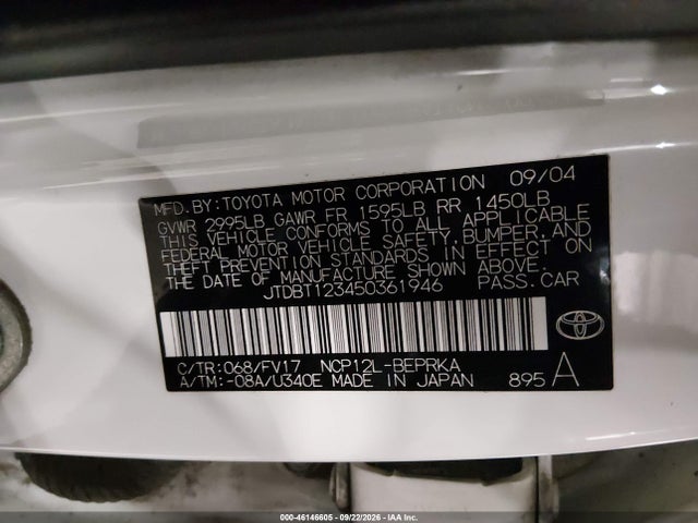 46146605 :رقم المزاد ، JTDBT123450361946 vin ، 2005 Toyota Echo مزاد بيع