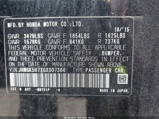 Продаж на аукціоні авто 2016 Honda Fit Ex, vin: JHMGK5H7XGX007366, номер лоту: 46146618