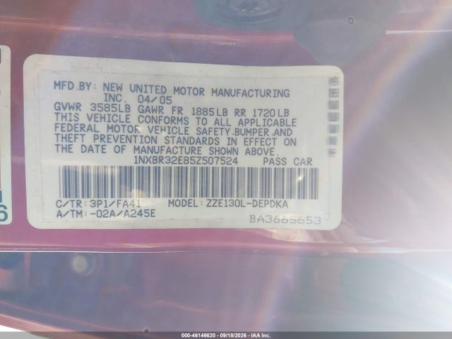 2005 Toyota Corolla Ce მანქანა იყიდება აუქციონზე, vin: 1NXBR32E85Z507524, აუქციონის ნომერი: 46146620