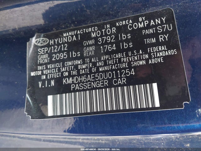 2013 Hyundai Elantra Gs მანქანა იყიდება აუქციონზე, vin: KMHDH6AE5DU011254, აუქციონის ნომერი: 46146636