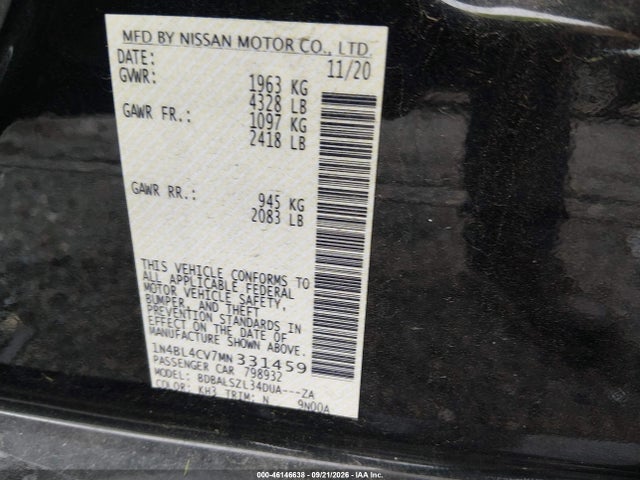 2021 Nissan Altima 2.5 Sr მანქანა იყიდება აუქციონზე, vin: 1N4BL4CV7MN331459, აუქციონის ნომერი: 46146638