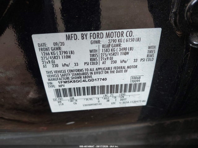 46146647 :رقم المزاد ، 1FM5K8GC4LGD17740 vin ، 2020 Ford Explorer St مزاد بيع