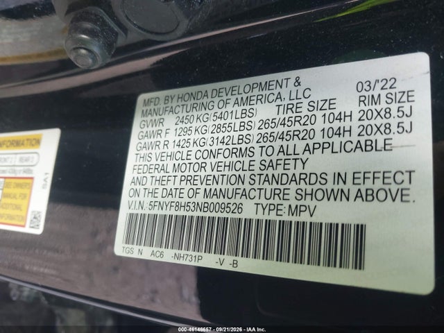 Aukcja sprzedaży 2022 Honda Passport Awd Ex-l, vin: 5FNYF8H53NB009526, numer aukcji: 46146657