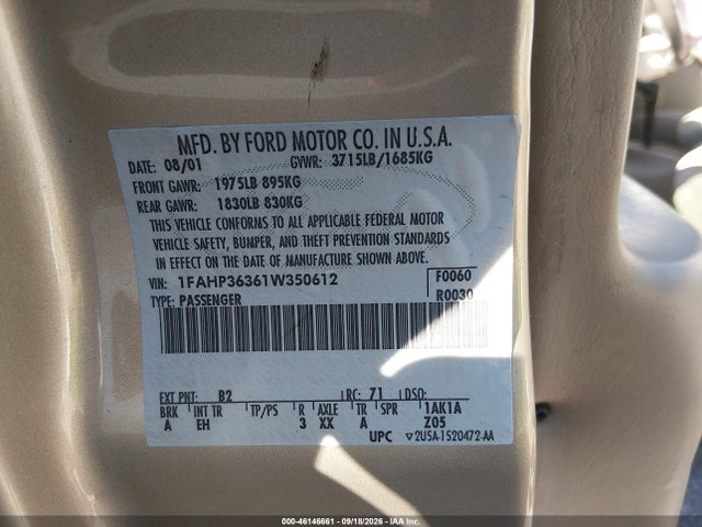 Aukcja sprzedaży 2001 Ford Focus Se, vin: 1FAHP36361W350612, numer aukcji: 46146661