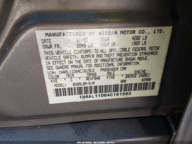 2004 Nissan Altima 2.5 Sl მანქანა იყიდება აუქციონზე, vin: 1N4AL11D64C161563, აუქციონის ნომერი: 46146669