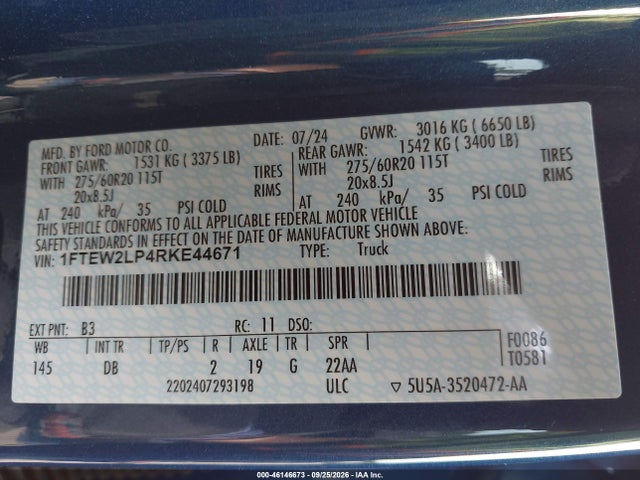 46146673 :رقم المزاد ، 1FTEW2LP4RKE44671 vin ، 2024 Ford F-150 Stx مزاد بيع
