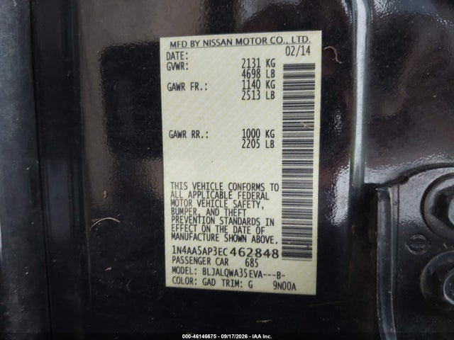 Aukcja sprzedaży 2014 Nissan Maxima 3.5 S/3.5 Sv, vin: 1N4AA5AP3EC462848, numer aukcji: 46146675