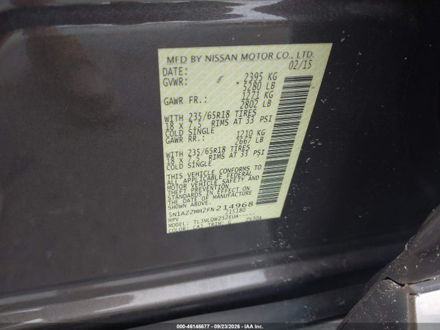 46146677 :رقم المزاد ، 5N1AZ2MH2FN214968 vin ، 2015 Nissan Murano Sv مزاد بيع