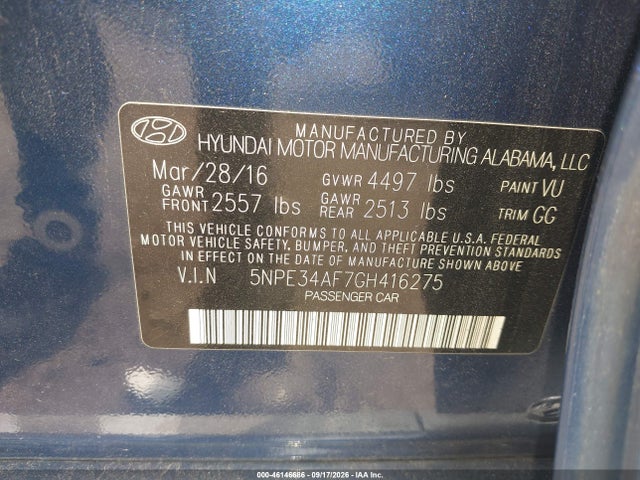2016 Hyundai Sonata Sport მანქანა იყიდება აუქციონზე, vin: 5NPE34AF7GH416275, აუქციონის ნომერი: 46146686