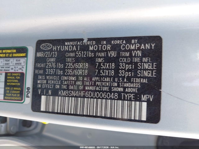 Продаж на аукціоні авто 2013 Hyundai Santa Fe Gls, vin: KM8SN4HF6DU006048, номер лоту: 46146688