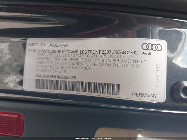 46146693 :رقم المزاد ، WAUHMAF41KA022655 vin ، 2019 Audi A4 40 Premium مزاد بيع