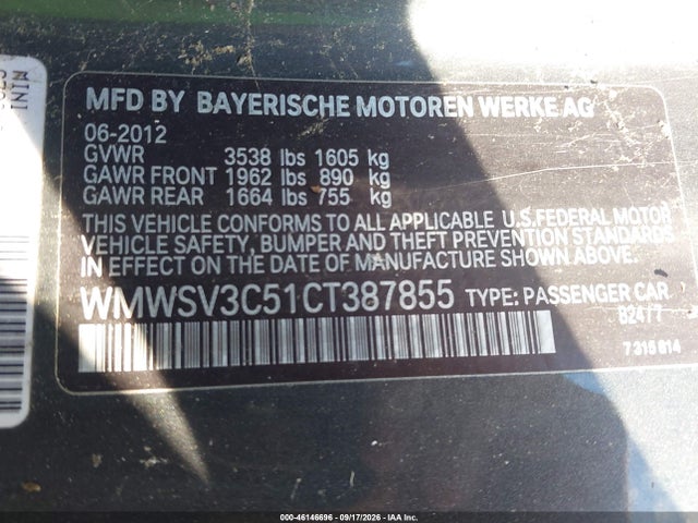 Aukcja sprzedaży 2012 Mini Cooper S, vin: WMWSV3C51CT387855, numer aukcji: 46146696