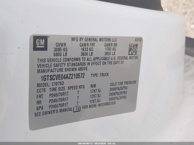 Продажа на аукционе авто 2010 Gmc Sierra 1500 Sle, vin: 1GTSCVE04AZ210572, номер лота: 46146712