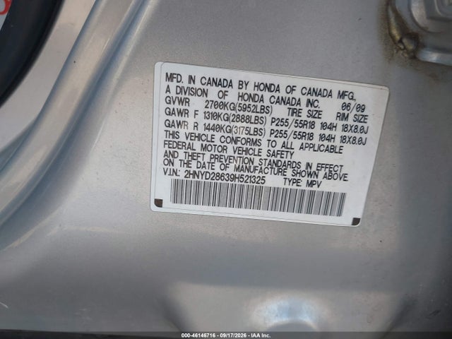 46146716 :رقم المزاد ، 2HNYD28639H521325 vin ، 2009 Acura Mdx Technology Package مزاد بيع
