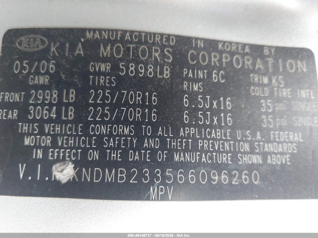 Aukcja sprzedaży 2006 Kia Sedona Ex/lx, vin: KNDMB233566096260, numer aukcji: 46146737