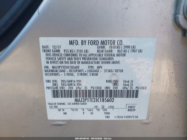 Продажа на аукционе авто 2018 Ford Ecosport Se, vin: MAJ3P1TE2JC185602, номер лота: 46146742