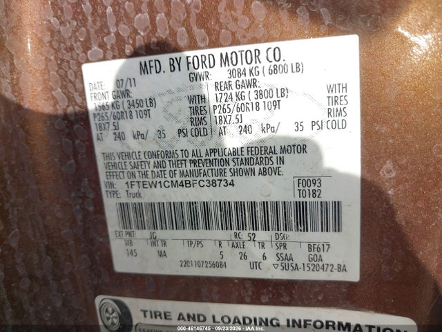 46146745 :رقم المزاد ، 1FTEW1CM4BFC38734 vin ، 2011 Ford F-150 Xlt مزاد بيع