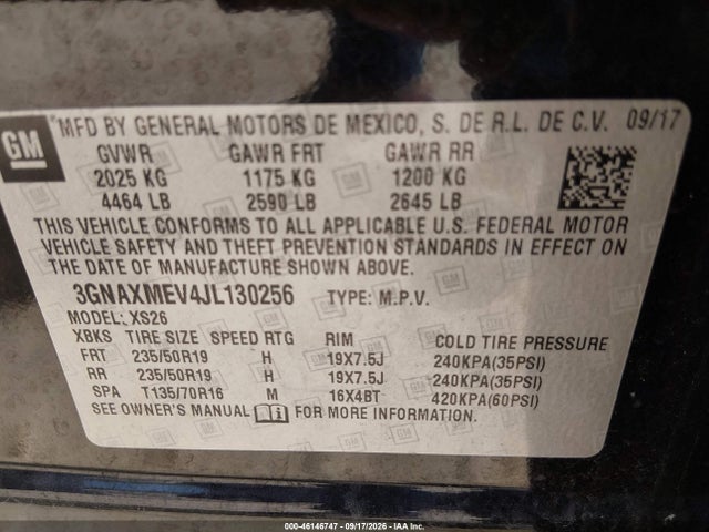 2018 Chevrolet Equinox Premier მანქანა იყიდება აუქციონზე, vin: 3GNAXMEV4JL130256, აუქციონის ნომერი: 46146747