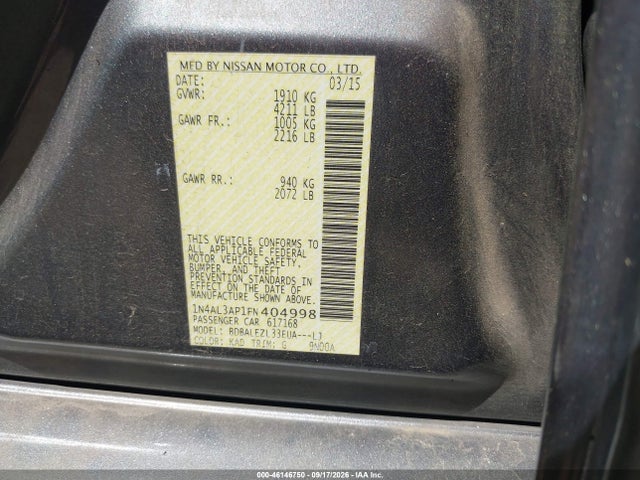 46146750 :رقم المزاد ، 1N4AL3AP1FN404998 vin ، 2015 Nissan Altima 2.5 S مزاد بيع