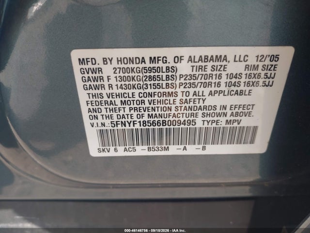 2006 Honda Pilot Ex-l მანქანა იყიდება აუქციონზე, vin: 5FNYF18566B009495, აუქციონის ნომერი: 46146756