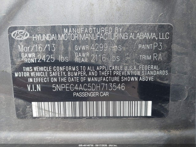 Продажа на аукционе авто 2013 Hyundai Sonata Limited, vin: 5NPEC4AC5DH713546, номер лота: 46146758