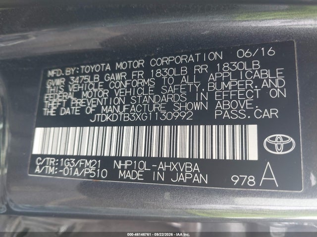 Aukcja sprzedaży 2016 Toyota Prius C Two, vin: JTDKDTB3XG1130992, numer aukcji: 46146761