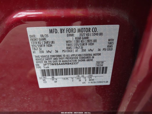 Продаж на аукціоні авто 2025 Ford Maverick Lariat, vin: 3FTTW8SA4SRB42337, номер лоту: 46146766