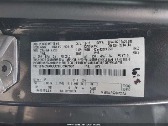 1FMCU0GD7HUC67081 Ford ESCAPE SE