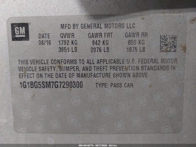 1G1BG5SM7G7290300 Chevrolet Cruze Premier Auto