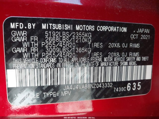 Aukcja sprzedaży 2022 Mitsubishi Outlander Sel, vin: JA4J4VA88NZ043332, numer aukcji: 46146783
