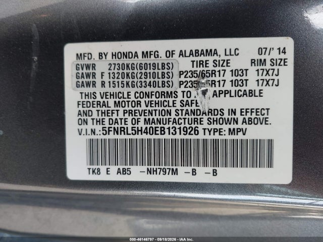 Honda ODYSSEY EX 2014 5FNRL5H40EB131926 Image 9