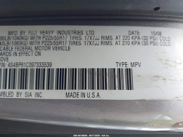 2009 Subaru Outback 2.5i მანქანა იყიდება აუქციონზე, vin: 4S4BP61C097333539, აუქციონის ნომერი: 46146806