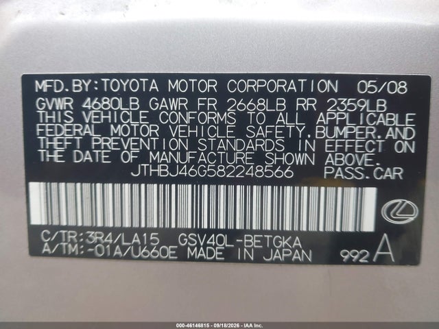 2008 Lexus Es 350 მანქანა იყიდება აუქციონზე, vin: JTHBJ46G582248566, აუქციონის ნომერი: 46146815