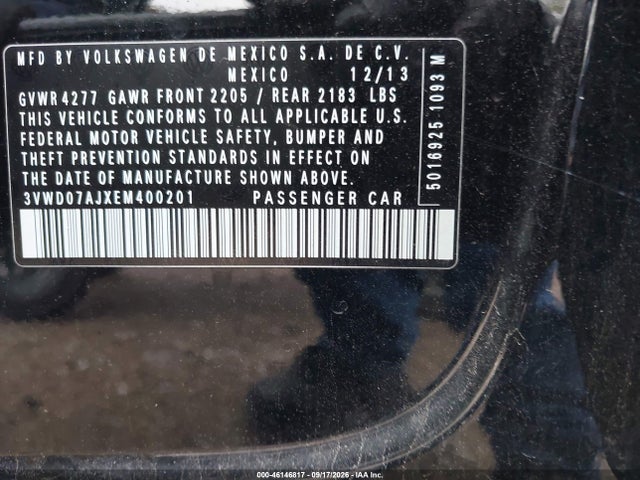 2014 Volkswagen Jetta 1.8t Se მანქანა იყიდება აუქციონზე, vin: 3VWD07AJXEM400201, აუქციონის ნომერი: 46146817