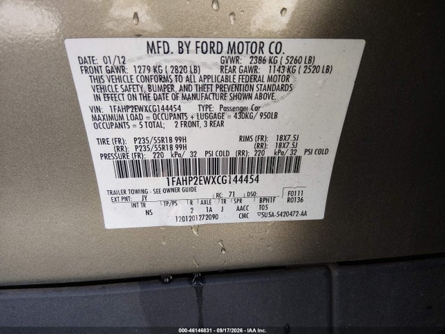 Продажа на аукционе авто 2012 Ford Taurus Sel, vin: 1FAHP2EWXCG144454, номер лота: 46146831