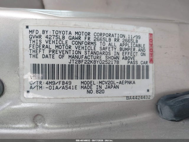2000 Toyota Camry Le V6 მანქანა იყიდება აუქციონზე, vin: JT2BF22K8Y0252178, აუქციონის ნომერი: 46146832