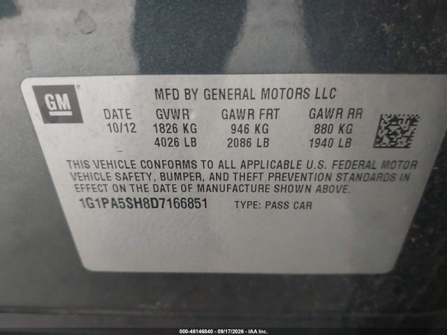 Продаж на аукціоні авто 2013 Chevrolet Cruze Ls Auto, vin: 1G1PA5SH8D7166851, номер лоту: 46146840