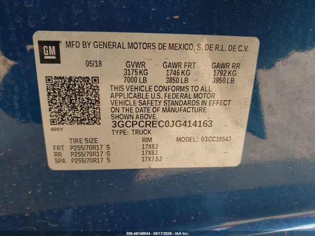 46146844 :رقم المزاد ، 3GCPCREC0JG414163 vin ، 2018 Chevrolet Silverado 1500 1lt مزاد بيع