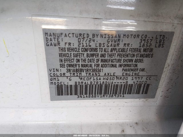 2024 Nissan Sentra S Xtronic Cvt მანქანა იყიდება აუქციონზე, vin: 3N1AB8BV1RY389341, აუქციონის ნომერი: 46146849