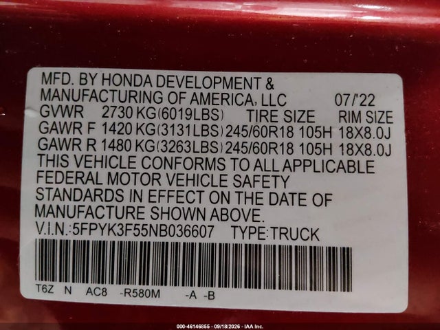 2022 Honda Ridgeline Rtl მანქანა იყიდება აუქციონზე, vin: 5FPYK3F55NB036607, აუქციონის ნომერი: 46146855