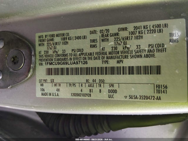 Aukcja sprzedaży 2020 Ford Escape Se, vin: 1FMCU9G69LUA97126, numer aukcji: 46146865