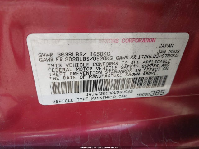 Aukcja sprzedaży 2002 Mitsubishi Lancer Ls, vin: JA3AJ36EX2U053045, numer aukcji: 46146876