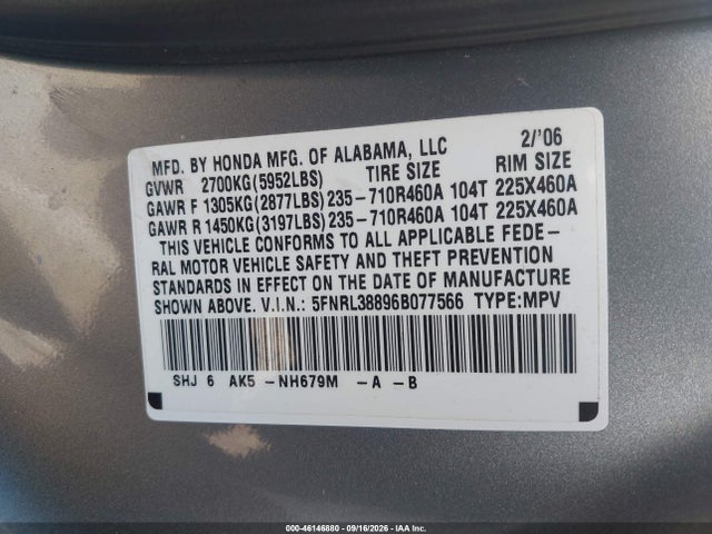 46146880 :رقم المزاد ، 5FNRL38896B077566 vin ، 2006 Honda Odyssey Touring مزاد بيع