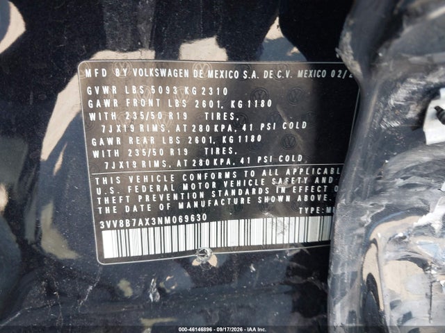 Aukcja sprzedaży 2022 Volkswagen Tiguan 2.0t Se R-line Black, vin: 3VV8B7AX3NM069630, numer aukcji: 46146896