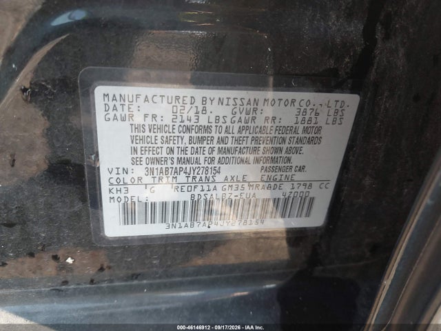 Продажа на аукционе авто 2018 Nissan Sentra S, vin: 3N1AB7AP4JY278154, номер лота: 46146912