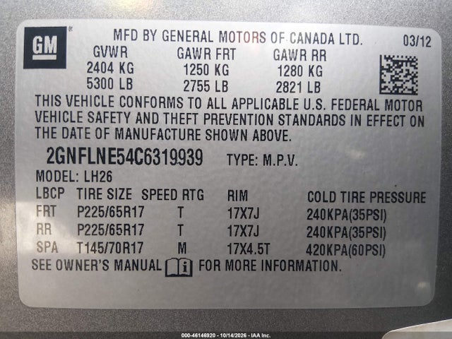 Auction sale of the 2012 Chevrolet Equinox 2lt, vin: 2GNFLNE54C6319939, lot number: 46146920