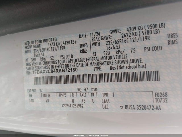 Продажа на аукционе авто 2024 Ford Transit-350 Passenger Van Xl, vin: 1FBAX2C84RKB72180, номер лота: 46146927