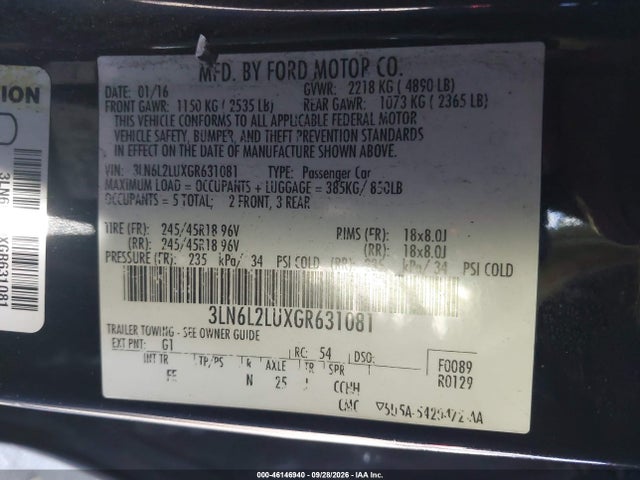 Продажа на аукционе авто 2016 Lincoln Mkz Hybrid, vin: 3LN6L2LUXGR631081, номер лота: 46146940