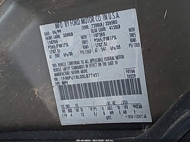 46146950 :رقم المزاد ، 1FMPU18L0XLB77451 vin ، 1999 Ford Expedition Eddie Bauer/xlt مزاد بيع