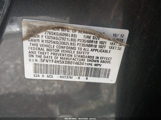2013 Honda Pilot Ex-l მანქანა იყიდება აუქციონზე, vin: 5FNYF4H5XDB014634, აუქციონის ნომერი: 46146962